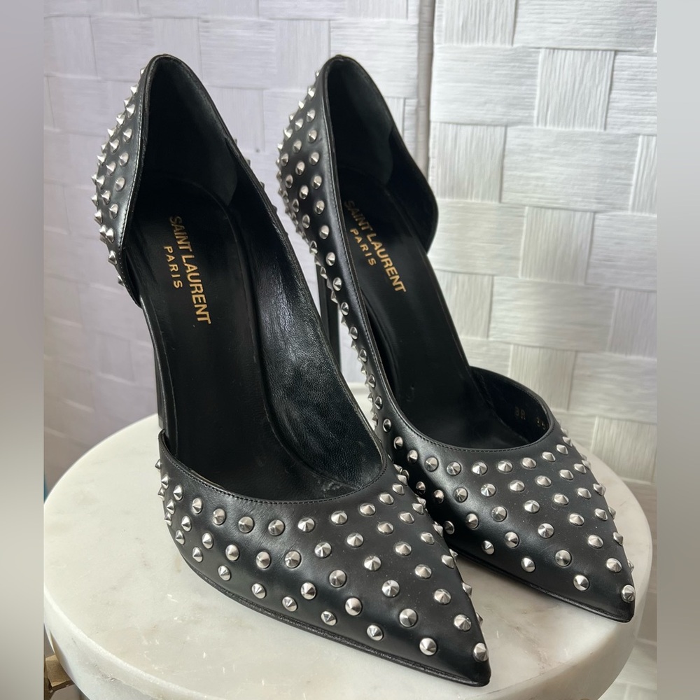 NWOB $1200 Saint Laurent Rockstud Size 11 Pointy Toe Black Leather Pumps $599